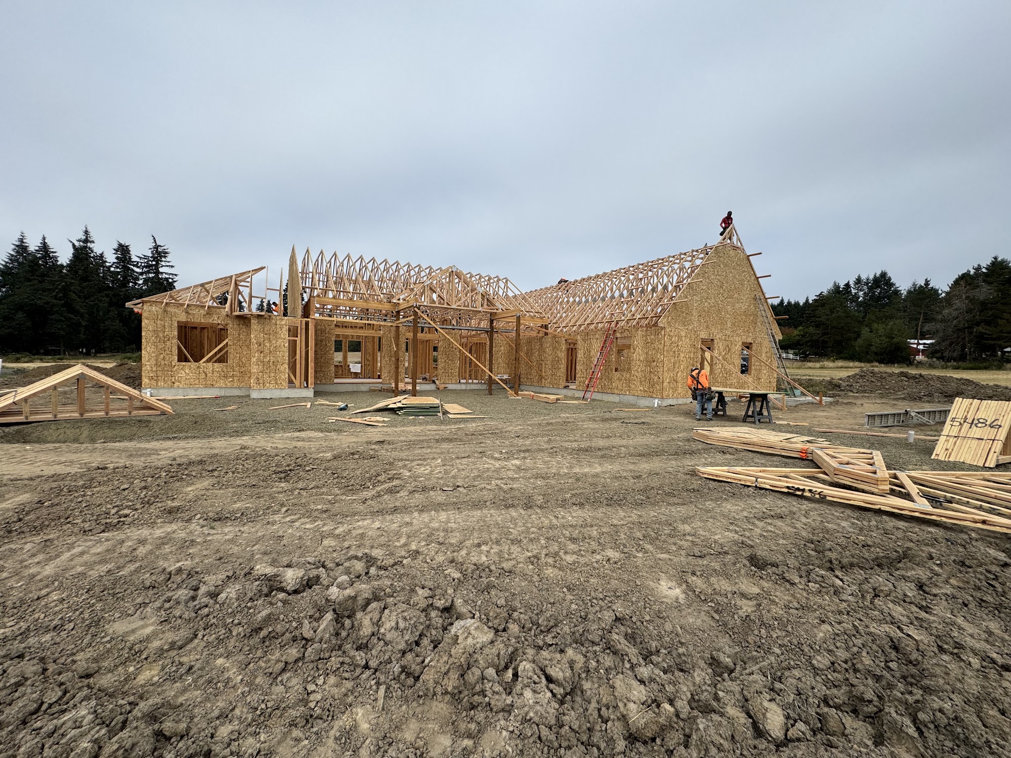 Full home framing job with roof trusses and a crew member on the ridge